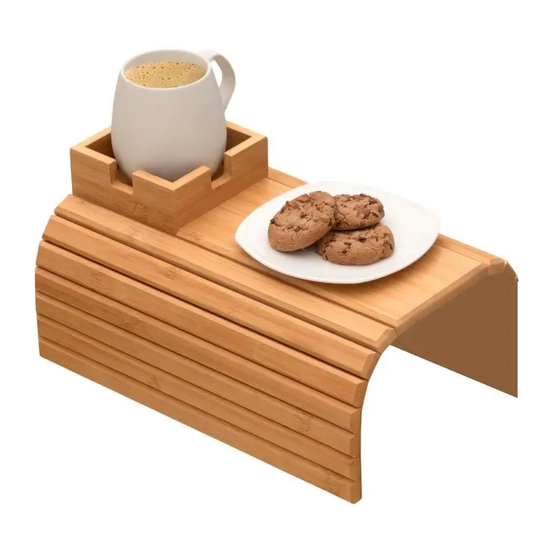 Couch Arm Table Wooden Sofa Cup Holder Clip On Side Table Anti-Slip Drink Coaster Home Organizer For Drinks And Snacks