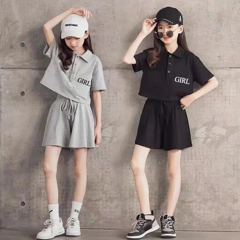 Children's Top and Bottom Clothes Set Korean Version 2024 Summer New Fashion Casual Letter Top Short-sleeved+pants Two-piece Set