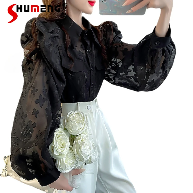 Fall Bright Silk Light Luxury Shirt High-End Fashionable Print Shirt 2023 Chiffon Puff Sleeve Women's Top Single-breasted Blouse