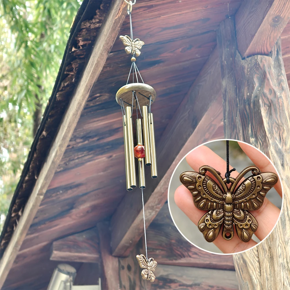 Bronze Harmony Wind Chime with Butterfly and Owl Charms - Outdoor & Garden Decor Gift