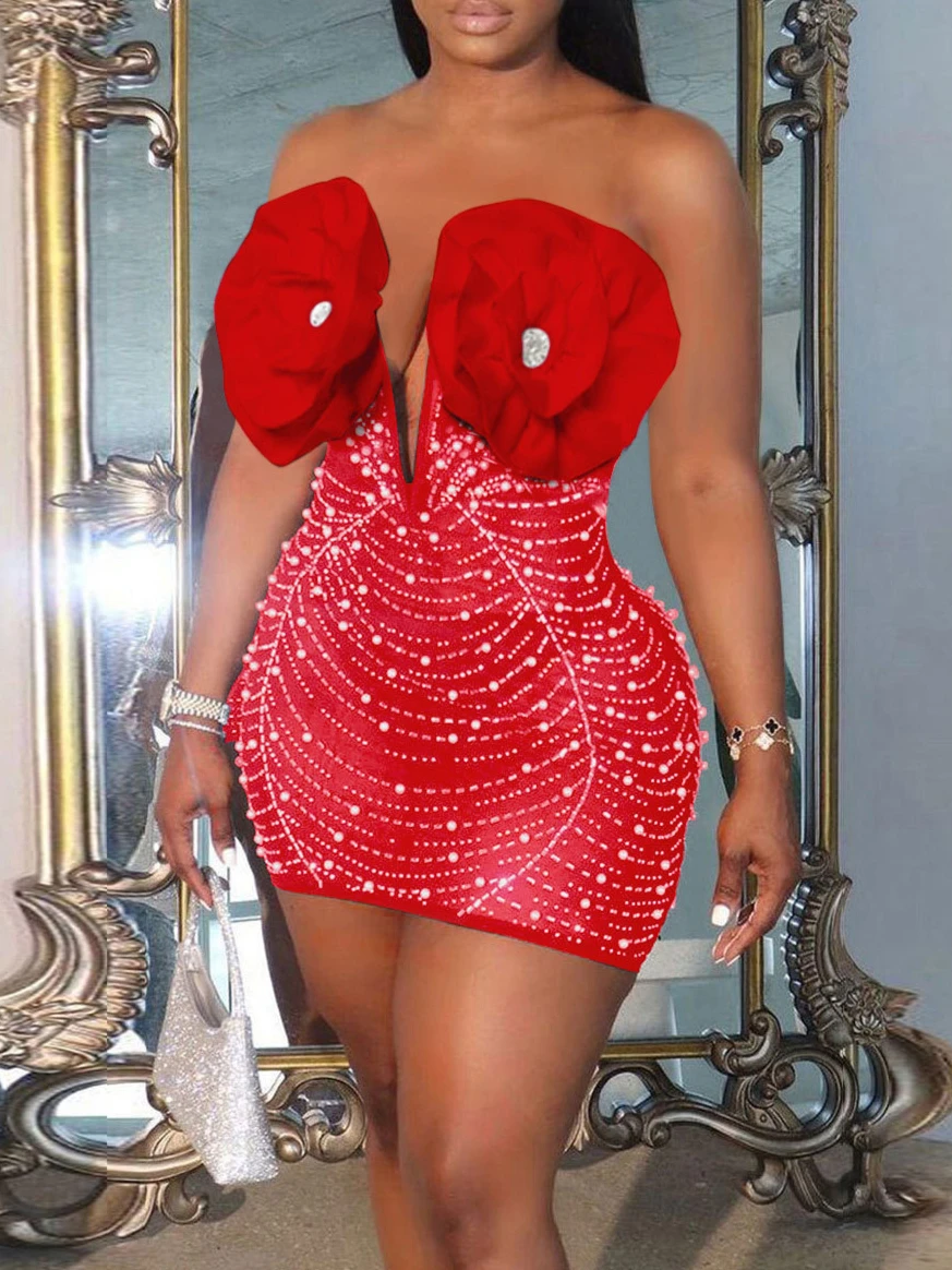 Summer Dresses Sexy Crystal Pearl Deep V Floral Elastic Bodycon Dress Elegant Women Fashion Trendy Design