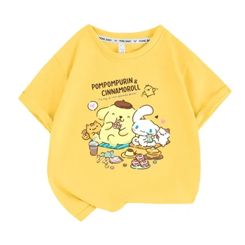 Sanrio Summer Baby Girls 100% Cotton Clothes Kid Children Boys Pompompurin Printed T-shirts Cartoon Short Sleeve Top Outfits 1