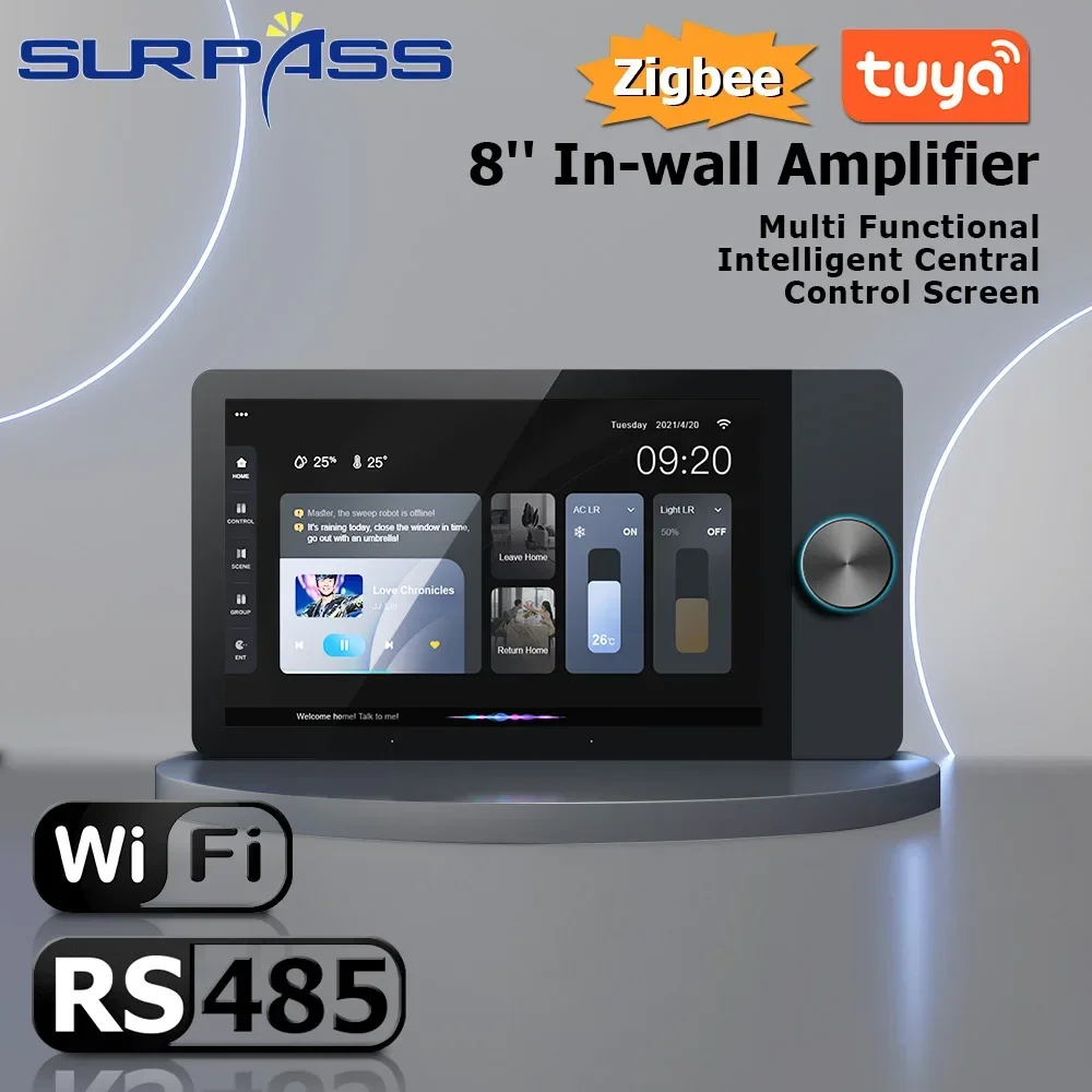 Tuya Amplifier Smart Home Audio 8'' WiFi Wall Amplifier Android 8.1 System 2 Channel Touch Screen RS485 Zigbee with Relay Switch