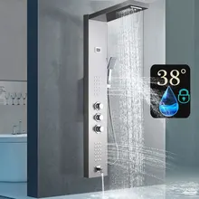  Bathroom LED Light Shower Panel Waterfall Rain Shower Faucet Set SPA Massage Jet Bath LCD Display Rainfall Bath Shower Column 