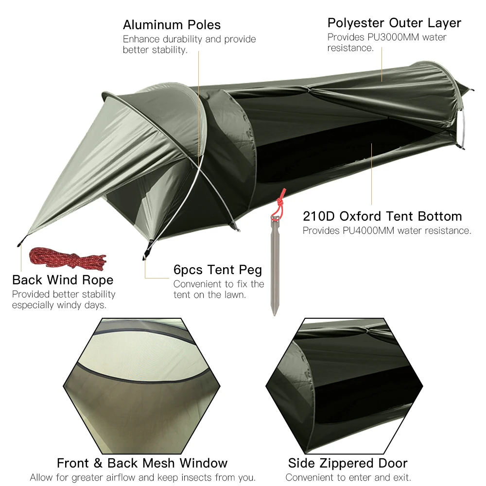 Outdoor Camping Tent Portable Ultralight Single Person Tent 210D Oxford Waterproof Mesh Window Tents for Backpacking Hiking