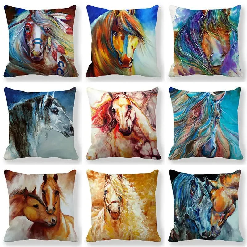 

Decorative Bed Sofa Living Room Pillowcase Watercolor Horse Beautiful Oil Painting