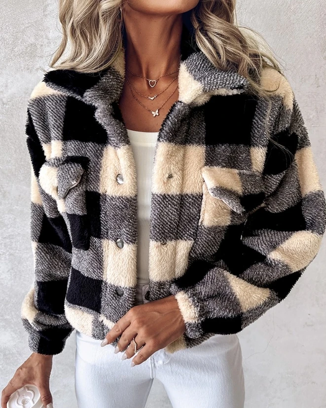 Woman Simple Turn-Down Collar Fleece Teddy Jacket Female Clothing New Autumn & Winter Women's Colorblock Casual Crop Coat