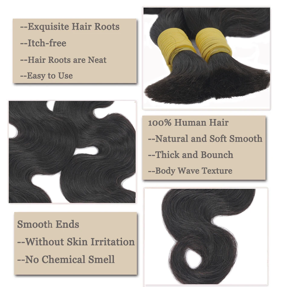 Brazilian Body Wave Bulk Human Hair For Braiding Natural Color Hair Extension No Weft Remy Human Weaving 1Pc 14-24Inch