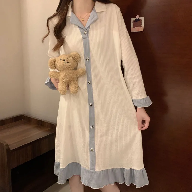 Women Spring Autumn Long Sleeve Sleeping Dress Cotton Thin Pajamas Korean Version Cute Loose Sleepwear Lapel Lacework Nightgown