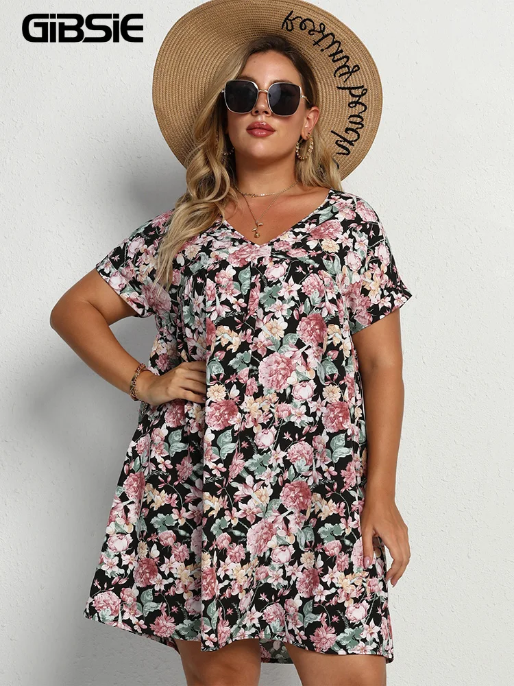 

GIBSIE Plus Size V Neck Floral Print Tunic Dress Boho Casual Women Summer Short Sleeve Loose Mini Dresses Large Size xxxl 4xl