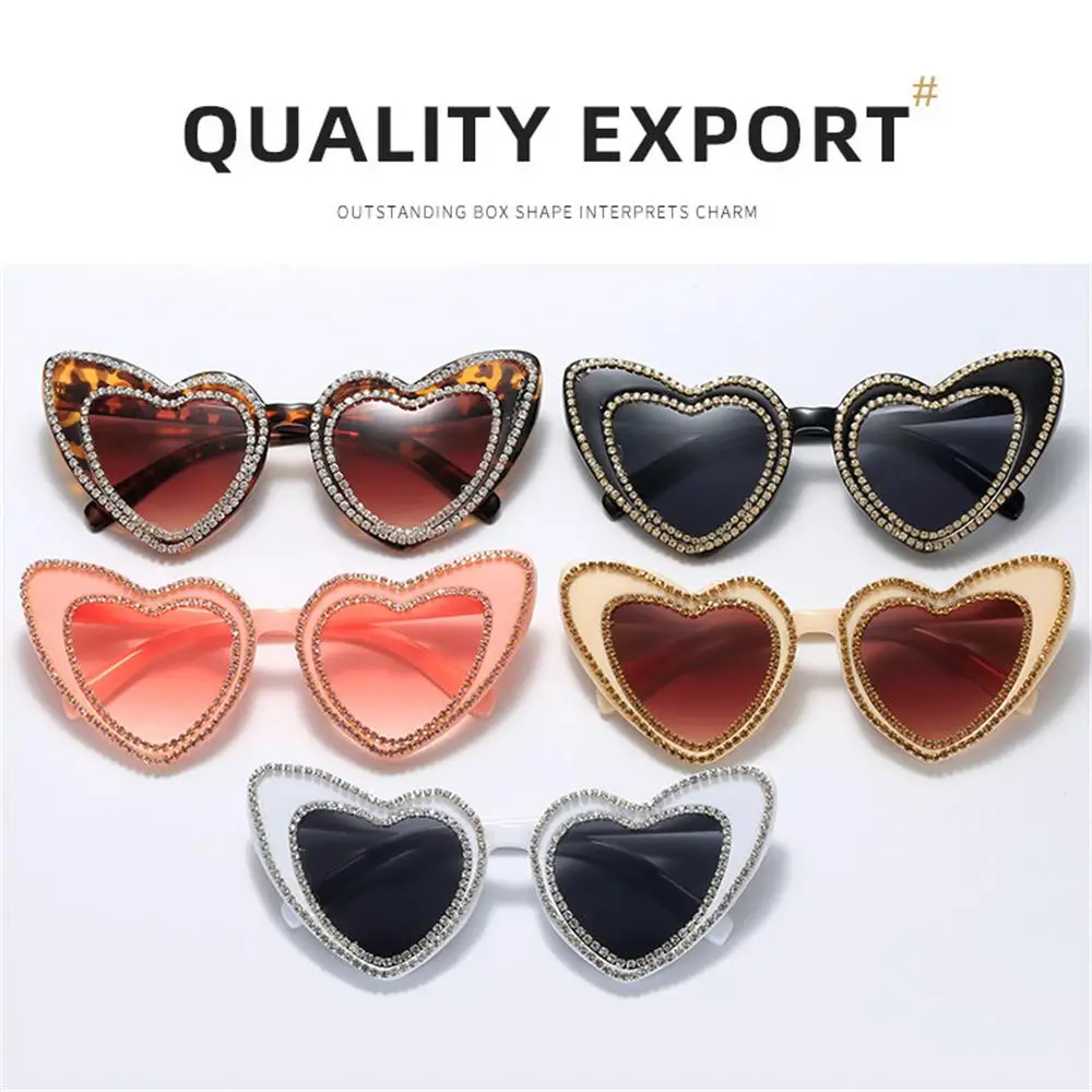 Retro Shining Hip Hop Ladies Eyewear Heart Sunglasses Heart-Shaped Sunglasses for Women Diamond Sun Glasses