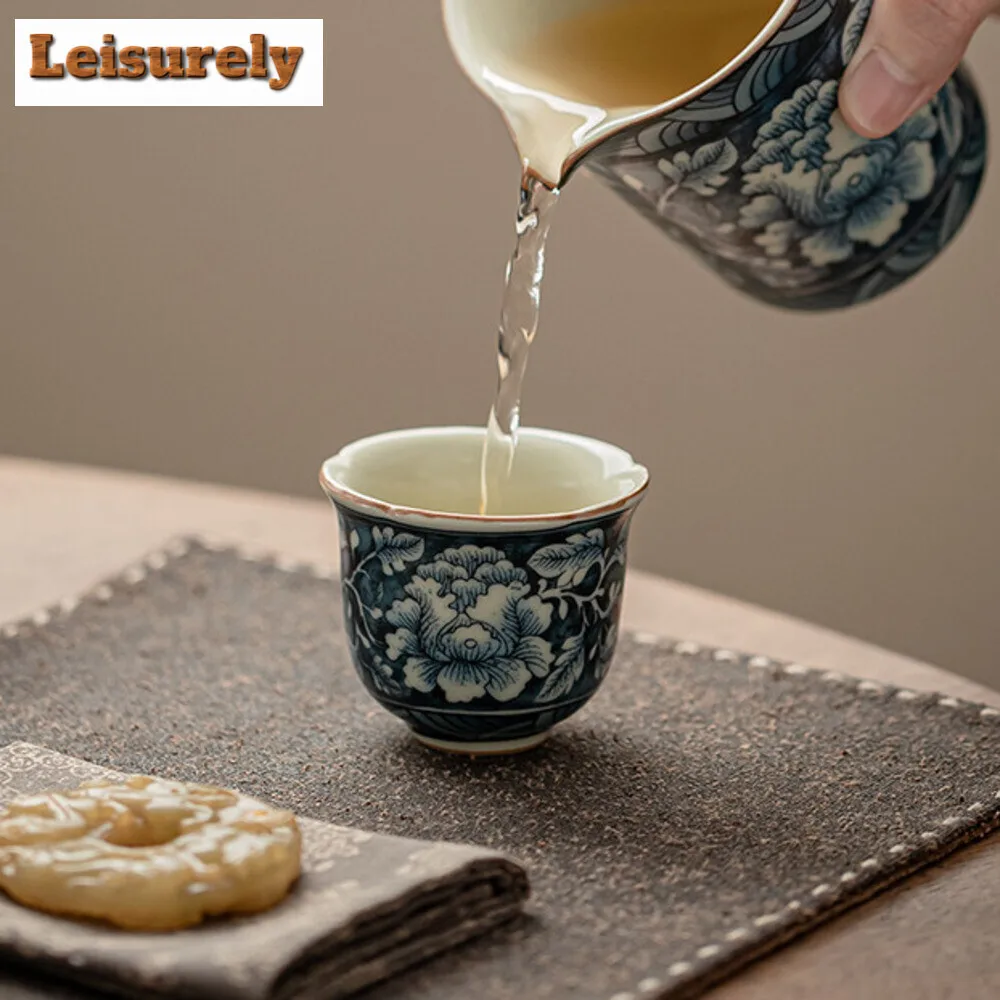 2pc/set Antique Blossoms Flower Ceramic Teacup Ru Kiln Flower Mouth Cup Small Master Cup Tasting Tea Bowl Kung Fu Teaware 40ml