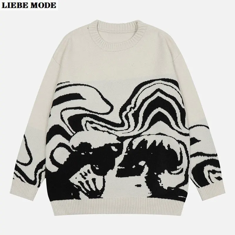 

Men Streetwear Sweater Autumn Winter Retro Painting Skull Graphic Hip Hop Vintage Pullover Loose Casual Wool Knitted Sweater