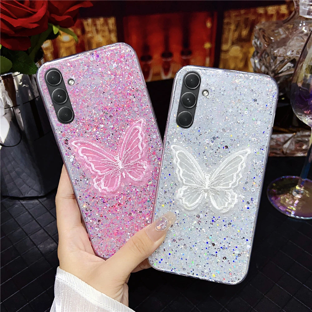 Coque de téléphone papillon pour Samsung, compatible modèles A25, A05S, A14, A04, A24, A34, A54, A53, A73, A33, A13, A23, A52S, A22, A32, paillettes, souple_voghion.com