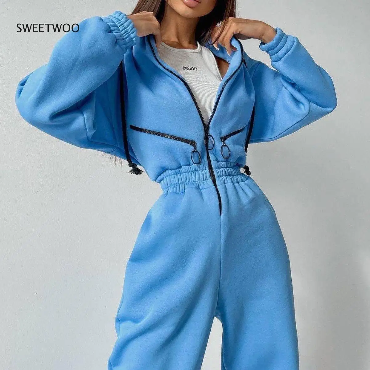 

New Fleece Lined Hoodies Jumpsuit Women Elegant Zipper One Piece Outfit Long Sleeve Overalls Winter Sportwear Rompers Tracksuits