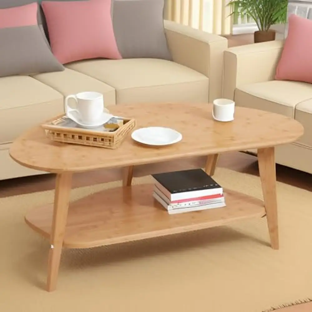Nature Bamboo Oval Coffee Table with Storage Shelf Mid-Century Modern Living Room Furniture 41.5" Eco-Friendly Paint Durable &