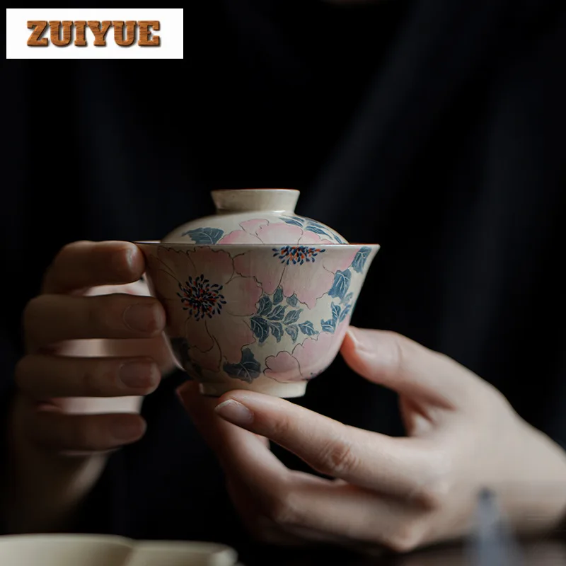 118ml Pure Hand-painted Peony Gaiwan Ancient Rough Pottery Powder Yin Tea Tureen Tea Maker Cover Bowl Chinese Set Decoration