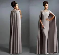 Formal Party vestido novia evening Prom Gowns For Wedding Bride Guest 2018 Cheap Long With Cape Lace Mother of the Bride Dresses