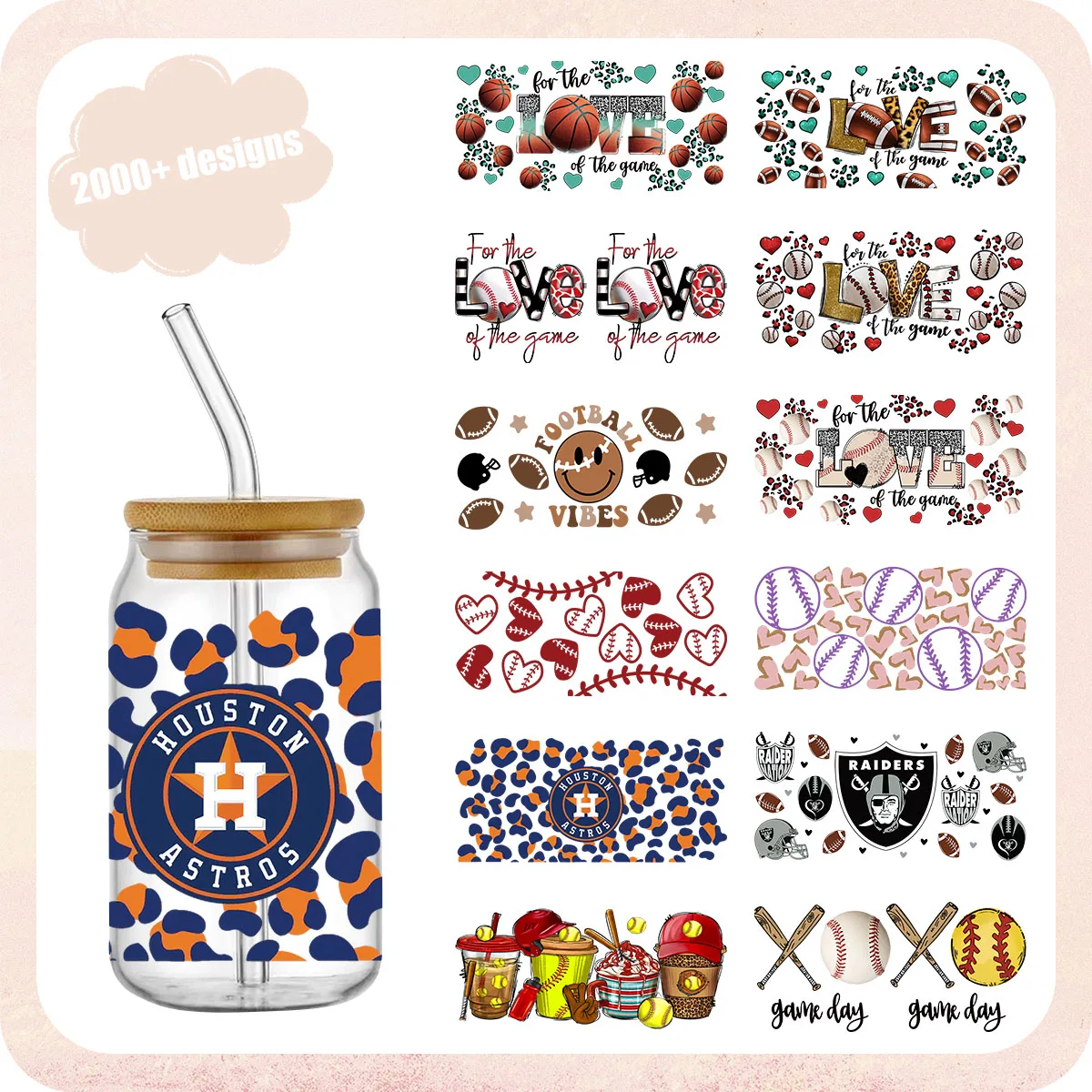 

3D UV DTF Transfers Stickers 16oz Cup Wrap Tennis Rugby Football Sports Printed For DIY Glass Ceramic Metal Leather