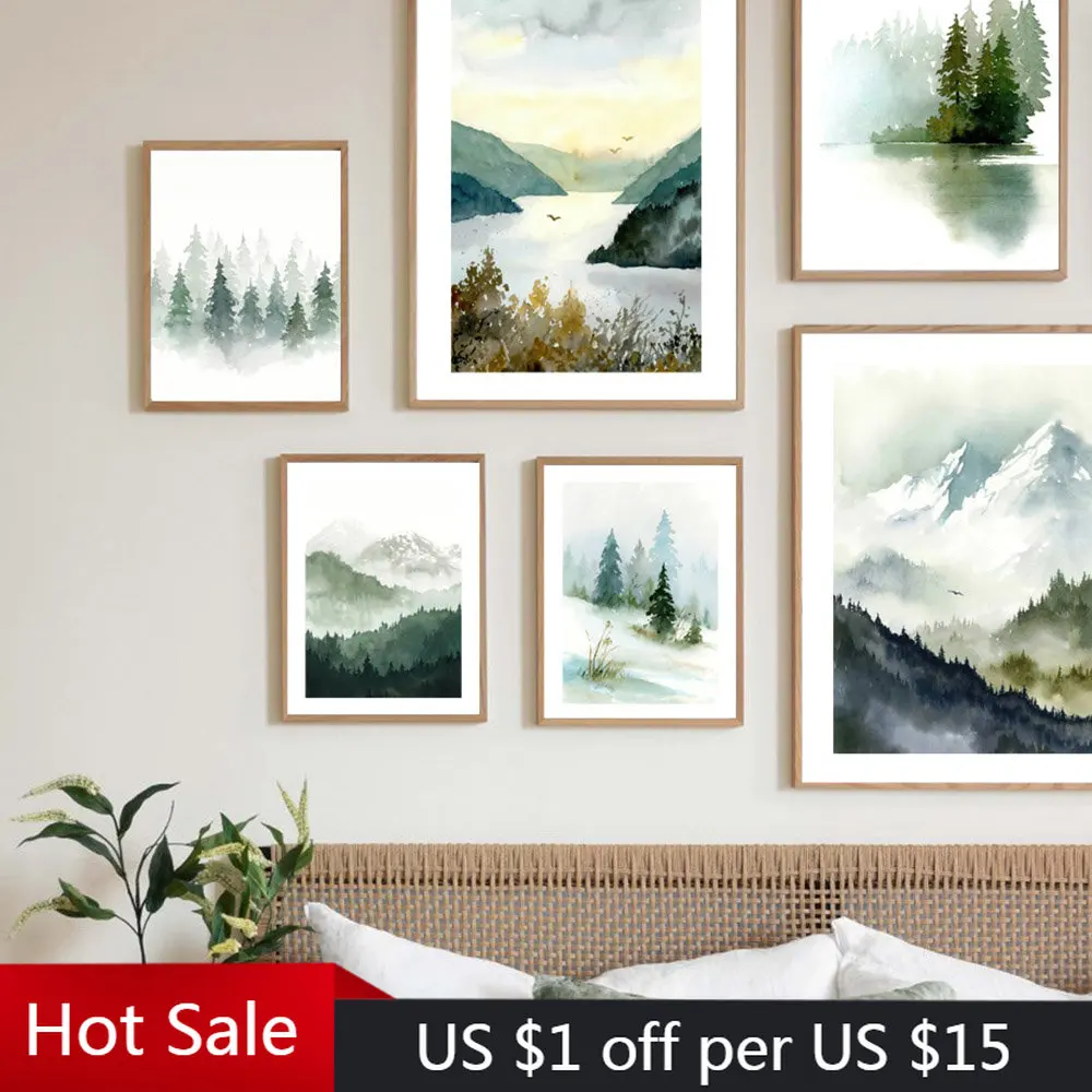 Foggy Mountain Misty Forest Pine Sage Green Wall Art Canvas Painting Nordic Poster And Prints Wall Picture For Living Room Decor