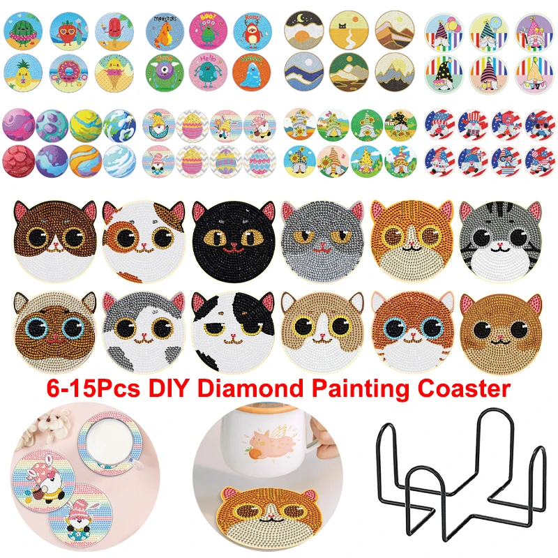 

6-15Pcs DIY Diamond Painting Coaster Easter Cartoon Animal Diamond Mosaic Cup Cushion Table Placemat with Rack Home Decor Gifts