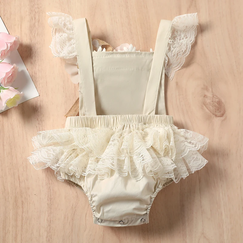 Newborn Baby Girl Romper Infant Clothes Summer Sleeveless Lace Jumpsuits with Lace Skirt Solid Flower Ruffles Playsuit