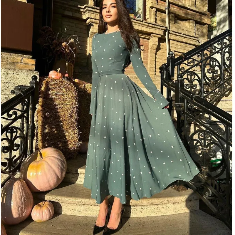

2024 Women's Long Sleeved Dress Flower Printing Dresses Trumpet Sleeves Clothing Maxi Vestido Fancy Holiday Party Robe with Belt