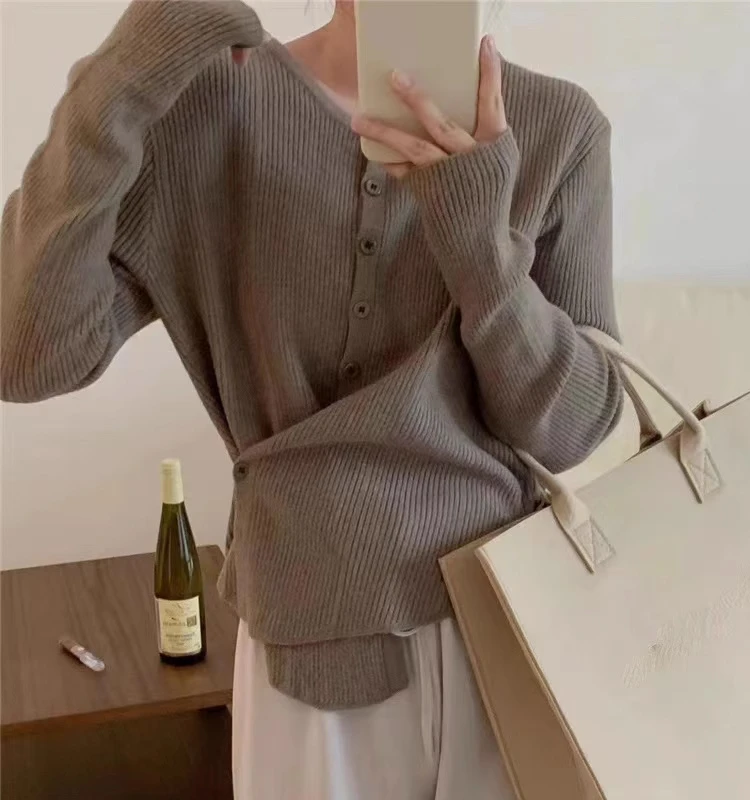 Chic Knitted Open Cardigan Women's Faion Design Low round Ne Two-Way Wear Thin Sle Small Size Sweater Top