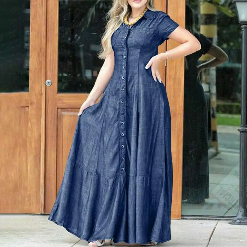 

Women Denim Dress Elegant Denim Dress with Ruffle Hem Patch Pockets Women's A-line Long Dress with High Waist Lapel for Stylish