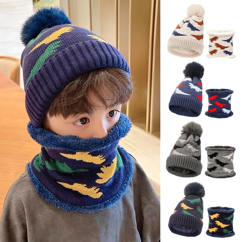 Kids Winter Beanie Hat Scarf Set kids winter hat scarf set Fleece Lined Hat Woolen Scarf Warm Knit Thick For Boys Girls 2-8Y Set
