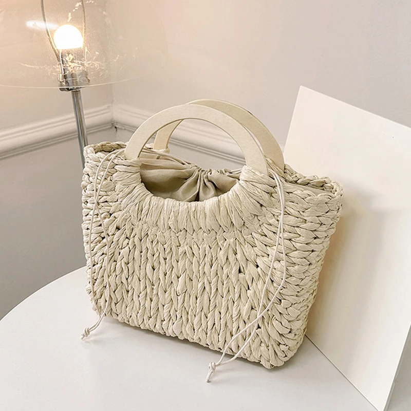 Wooden Handle Basket Bag Paper Woven Women Handbags Handmade Summer Beach Bag Casual Holiday Purses