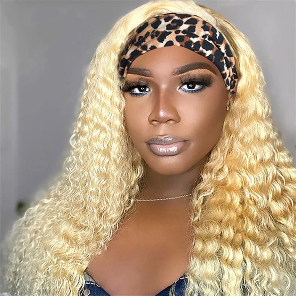 Put And Go 613 Honey Blonde Deep Wave Headband Scarf Wig For Women Indian Remy Human Hair Wigs Full Machine Made 12-26 Inch