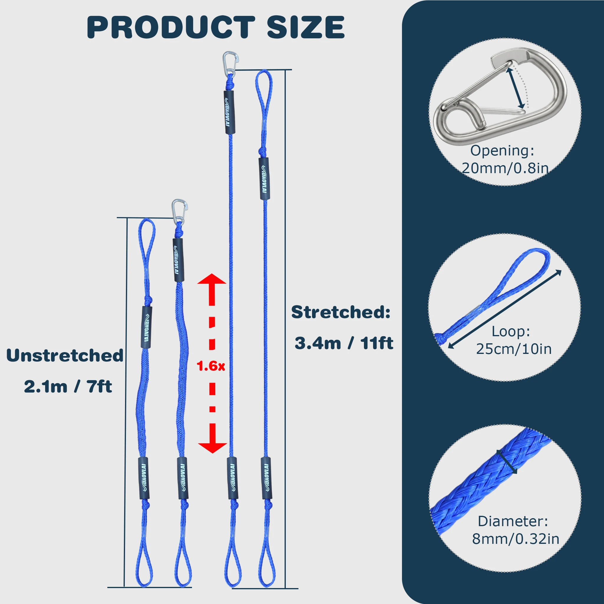 Durable Blue Bungee Dock Line – Heavy Duty, Stretchable Boat Rope with Hook/Loop Accessories