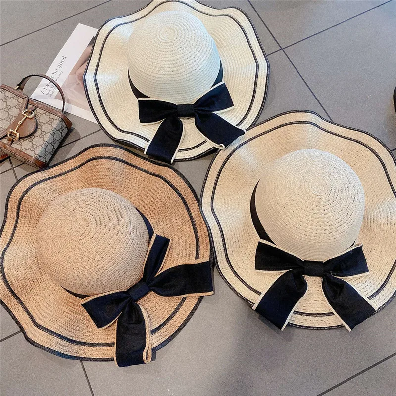 Breite Krempe Floppy Beach Bowknot Panama Lady Casual Sonnenhüte für Frauen Strohhut_voghion.com