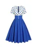 Polka Dot Women Summer Dresses Hepburn Style V-Neck Short Sleeve Vintage Print Patchwork Party Dress Casual A-Line