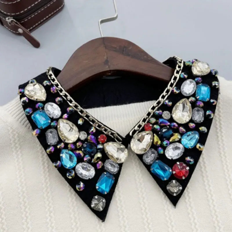 Fashion Fake Collar with Rhinestone Shiny Crystal Sewing Detachable Collar for Lapel Blouse Top Shirt Women Clothes Accessories