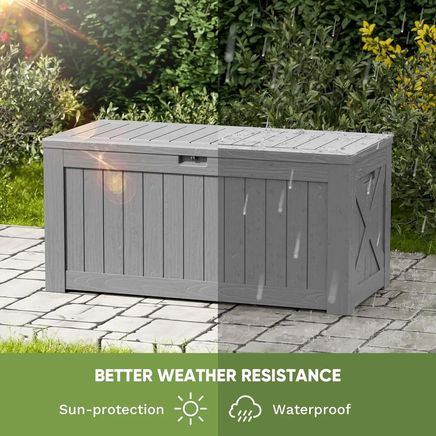 120 Gallon Large Deck Box, Outdoor Lockable Storage Box for Gardening Tools, Waterproof Deck Box for Patio Furniture, 5