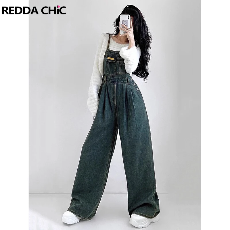 

ReddaChic Women Y2k Pleated Denim Overalls Vintage Wash Blue Pockets Wide Leg Loose Fit Casual Bib Pants Jeans Jumpsuit Workwear