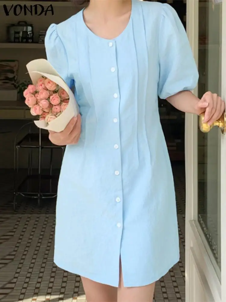 

VONDA Women Mini Dress 2024 Summer Puff Sleeve Solid Color Short Sundress Fashion Elegant Office Pleated Robe Casual Vestidos