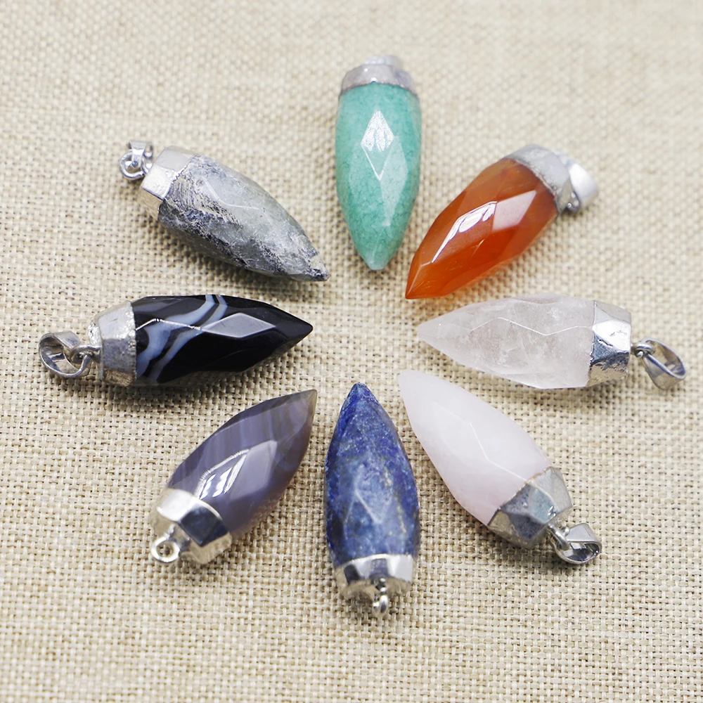 Natural Stone Silver Cone Healing Pendulum Faceted Pendant Crystal Grey Agate Onyx Necklace Reiki Charms DIY Jewelry Making 8PCS