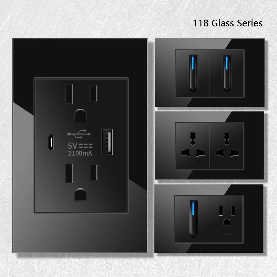 Tomada de Parede do Carregador Rápido Duplo Usb tipo c Tomada de Alimentação Padrão Americana Painel de Vidro Eua México Interruptor Elétrico Luz Piano