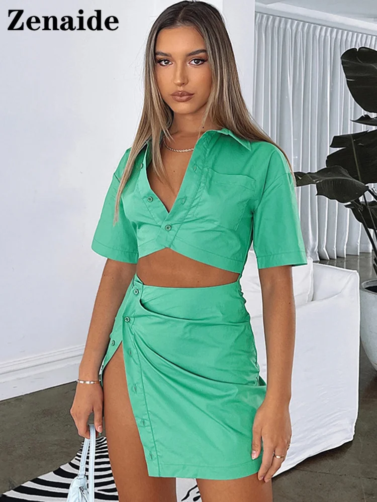 Zenaide Buttons Split Short Sleeve Sexy Shirt Dress V Neck Women 2022 Summer Black Casual Cut Out Mini Bodycon Dresses Green Y2K dresses to wear to a wedding