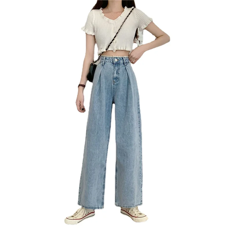 

Fashion Korean Women Jeans Vintage Female Wide Leg Trousers Lace Pleated Womens Clothes Casual Loose BF High Waist Blue Jeans