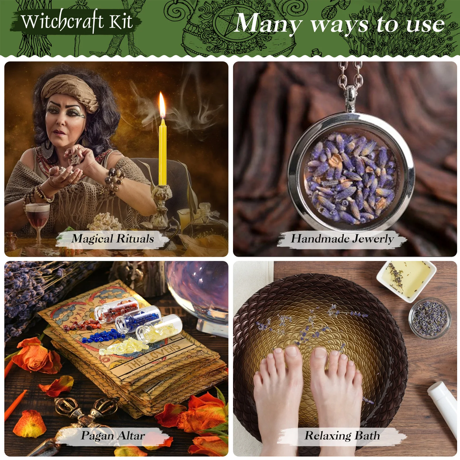 Wiccan Altar Supplies Witchcraft Kit Includes 60 Candles 10 Herbs 10  Crystal Stone 10 Parchment Witch Gift Wiccan Starters Kit