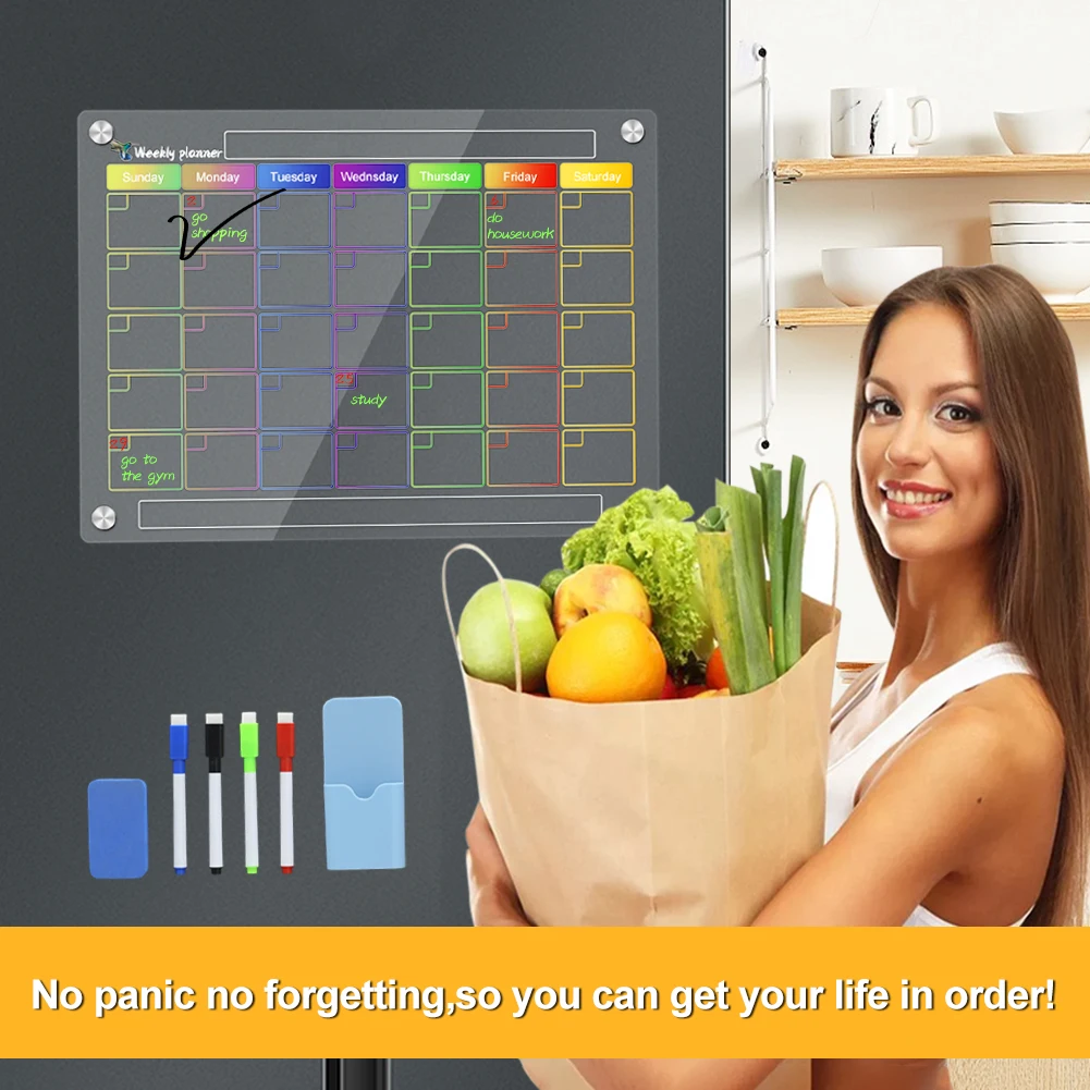 

Acrylic Magnetic Calendars for Fridge 2Pcs Monthly and Weekly Planner Calendars Dry Erase Board Reusable with 4 Markers Magneti