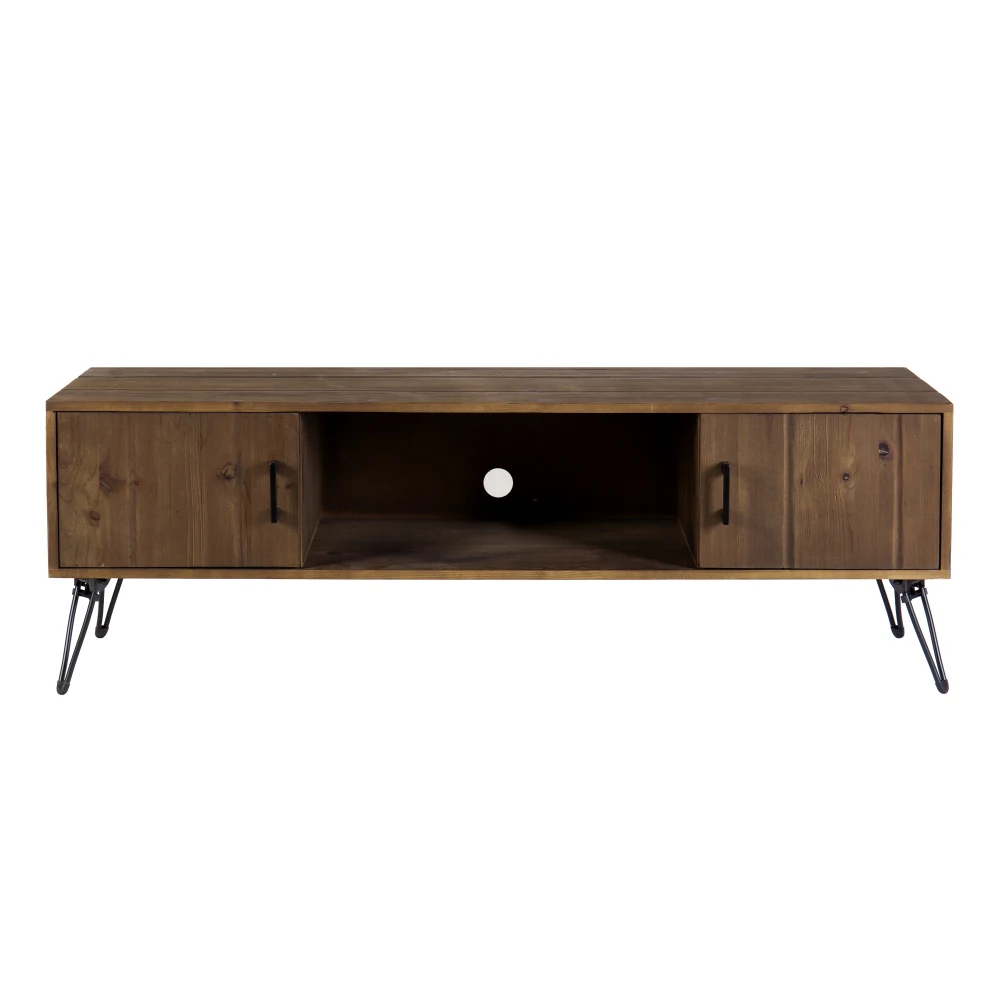 Clive 60 Inch Reclaimed Wood Rectangle Farmhouse TV Stand Media Console, 2 Doors, Iron Legs, Natural Brown