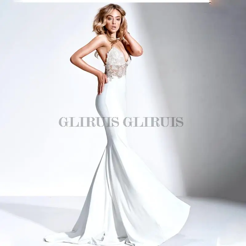 

V-neck Soft Satin Crossed Straps Back Mermaid Wedding Dress with Lace Applique Sweep Train Backless Bridal Party Grown