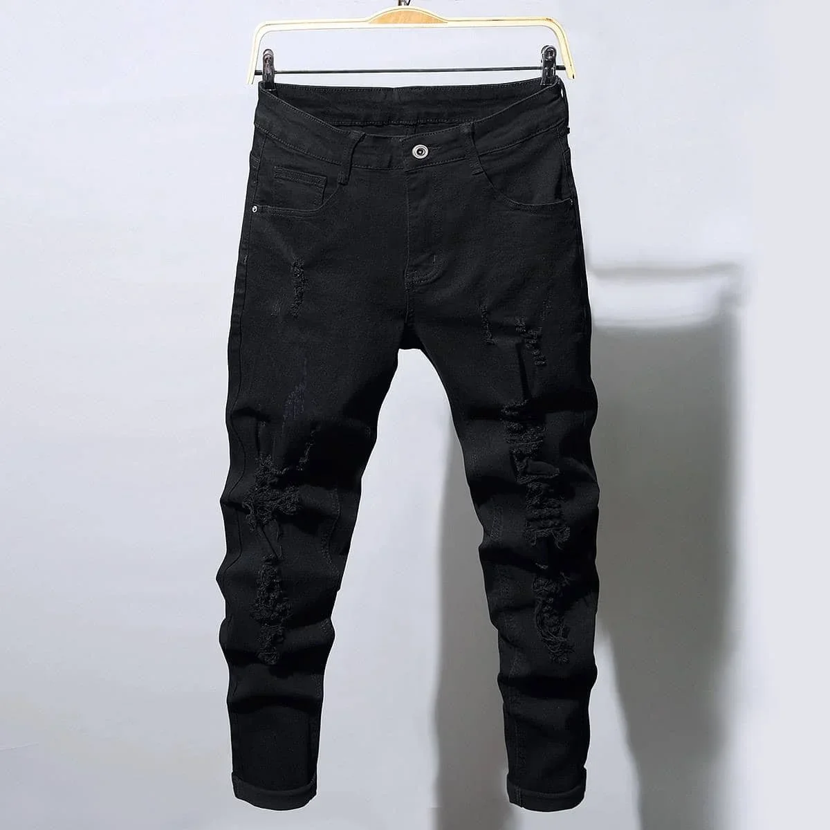Men Slim Biker Ripped Long Denim Trousers Skinny Jeans pocket Young Man Jogging Pants Destroyed Stretchy Black Pants