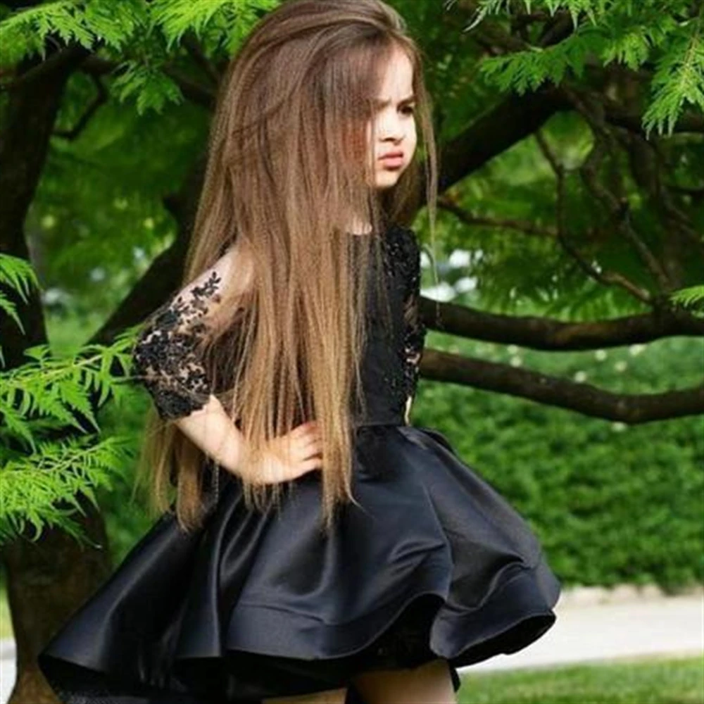 

Beautiful Black Lace Printed Fishtail Princess Flower Girl Dresses Wedding Party Dance Pageant First Communion Banquet