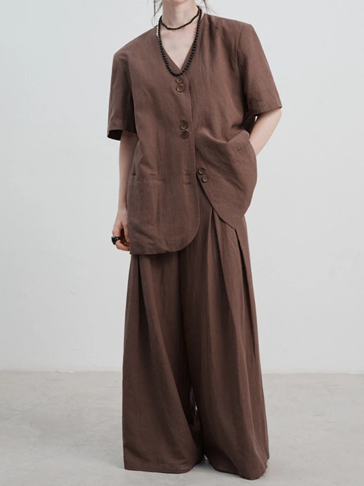 [LANMREM] Minimalism Linen Short Sleeve Blazers For Women V Neck Single Breasted Office Lady Jackets 2024 Summer New 26D9135